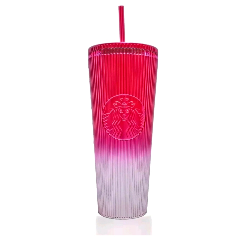 NWT, Starbucks 2024 Holiday Pleated Red Pink Ombre Cold Cup 24oz Venti Tumbler